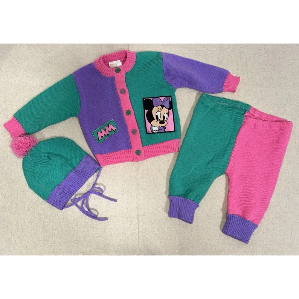 1984 Vtg Disney Babies Minnie Mouse Knit ColorBlock Cardigan Pants Hat Set‎ 0-6M
